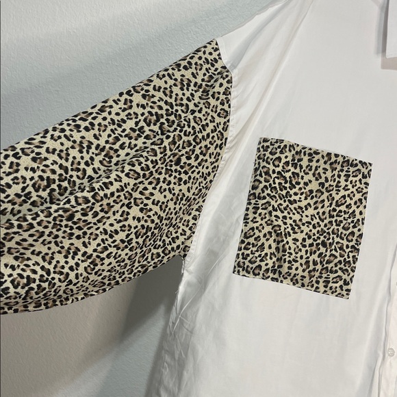 POL NWOT Oversized White Shirt with Leopard Print Accents Medium PTP 26” - Picture 7 of 9